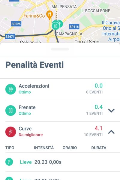 Funzione dell'app Guido Bene che permette di rivedere gli eventi salienti di un percorso che possono influire sul Punteggio di Guida